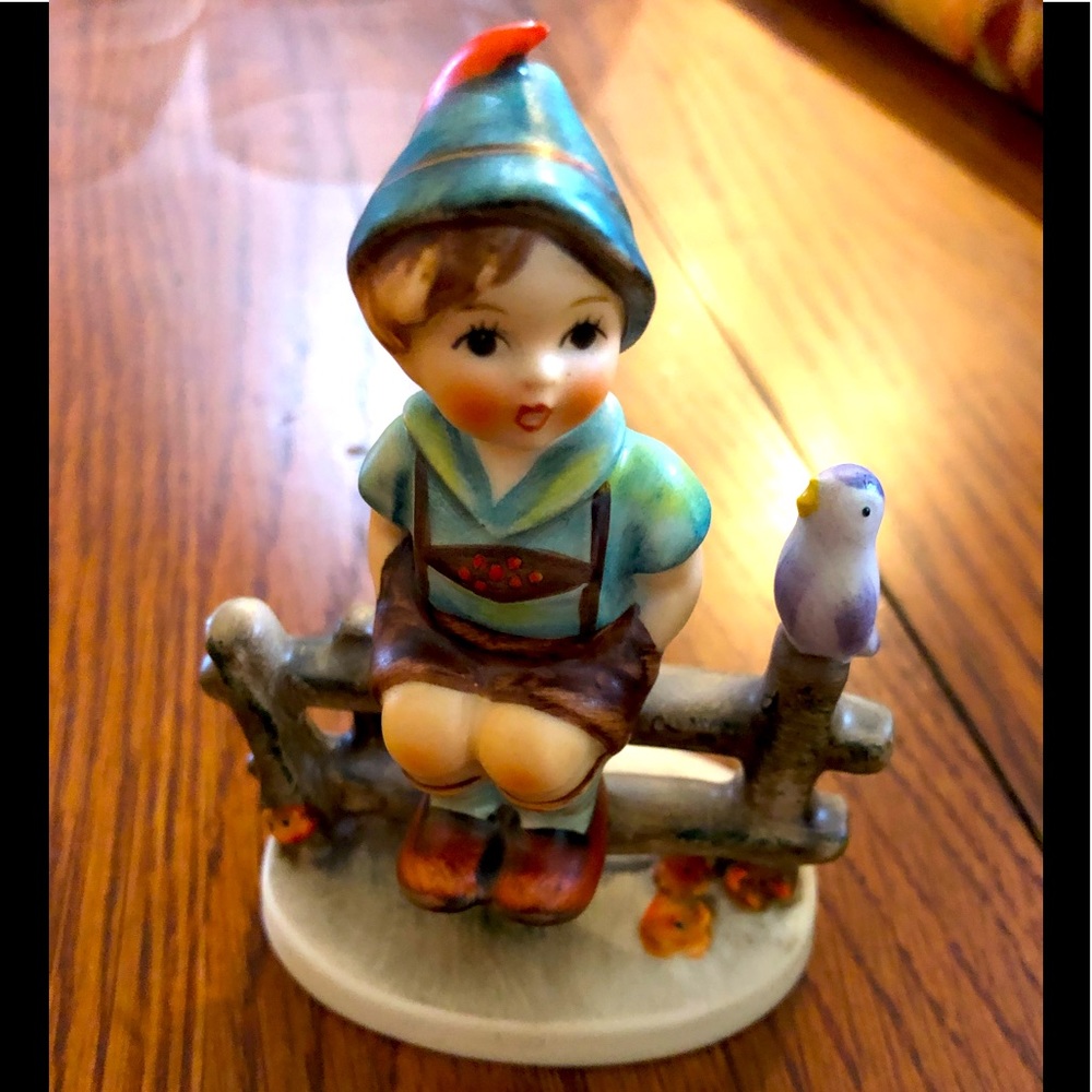 4 inch Hummel Figurine “Wayside Harmony” Boy Sitting on Fence with Bird—1938.